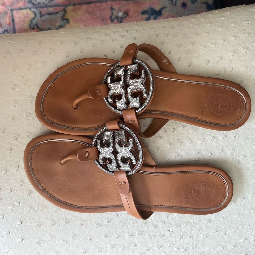Tory Burch tan miller sandal with crystal sparkle detail size 7